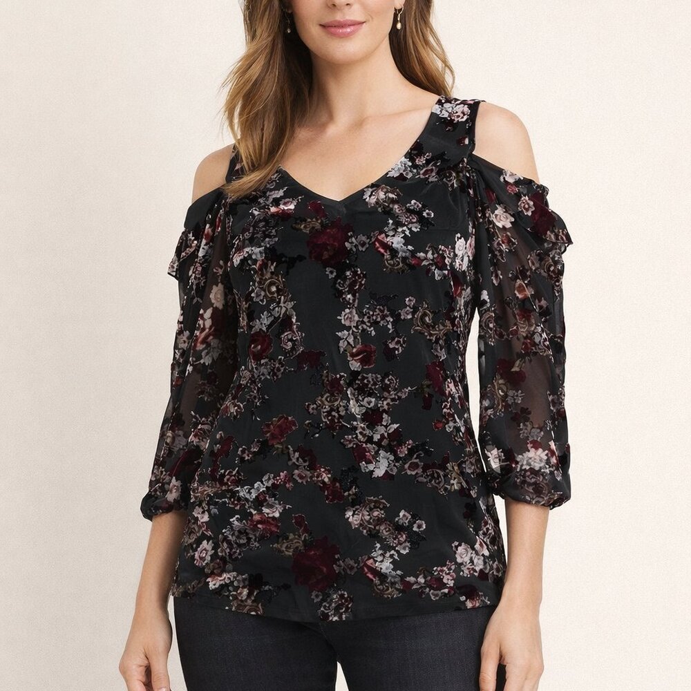 White House Black Market Velvet Overlay Cold Shoulder Blouse Sz 6 Black Burgundy